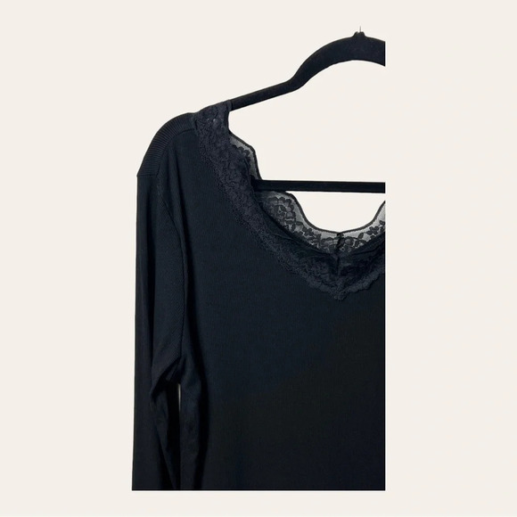 1273. LONG SLEEVE TOP RIBBED WITH LACE ON NECKLINE SIZE X-LARGE BLACK - Picture 5 of 12